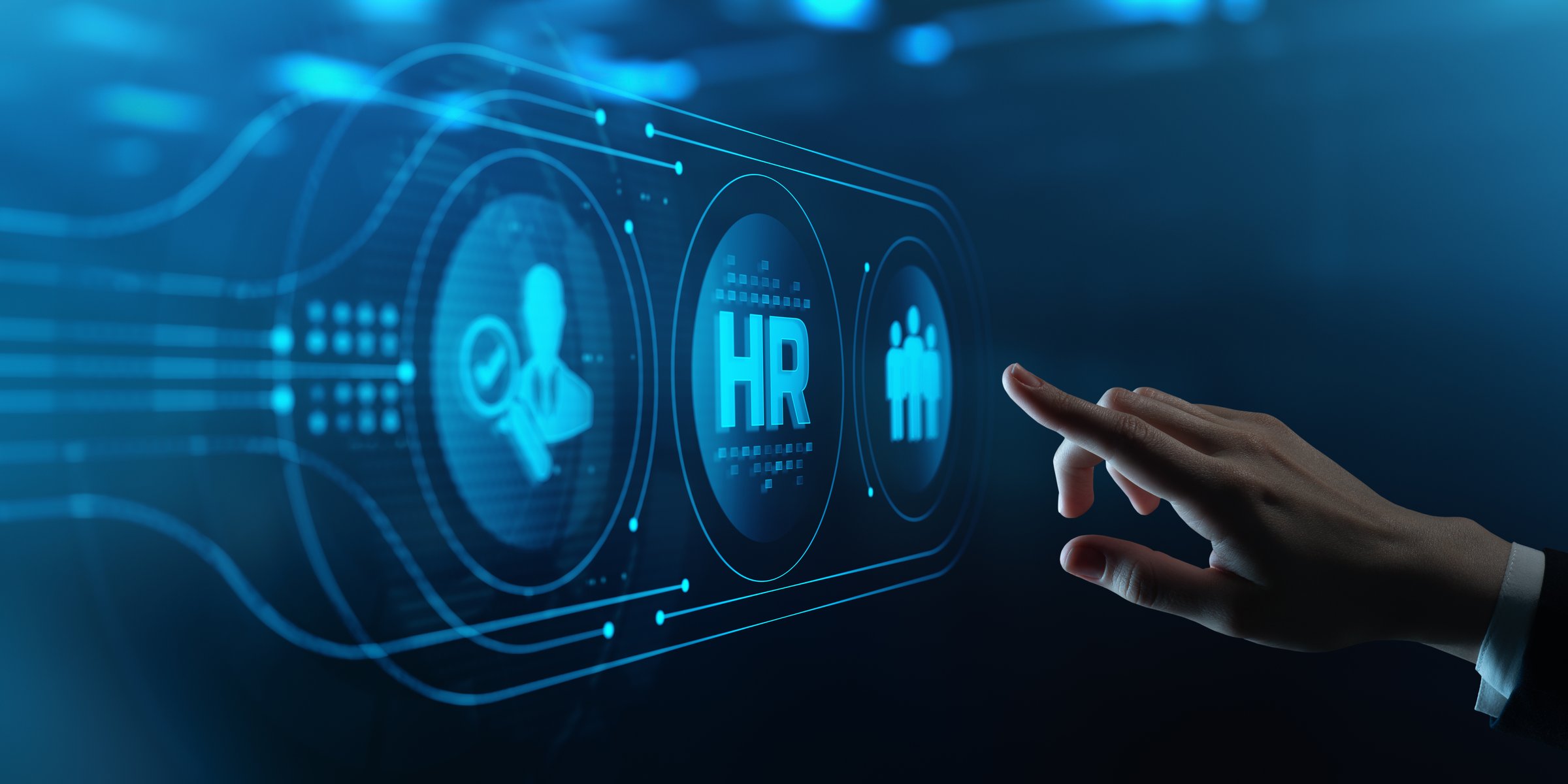 Human Hand Touching Futuristic Virtual Screen with HR icon. Human Resources management Recruitment Employment Headhunting Concept.