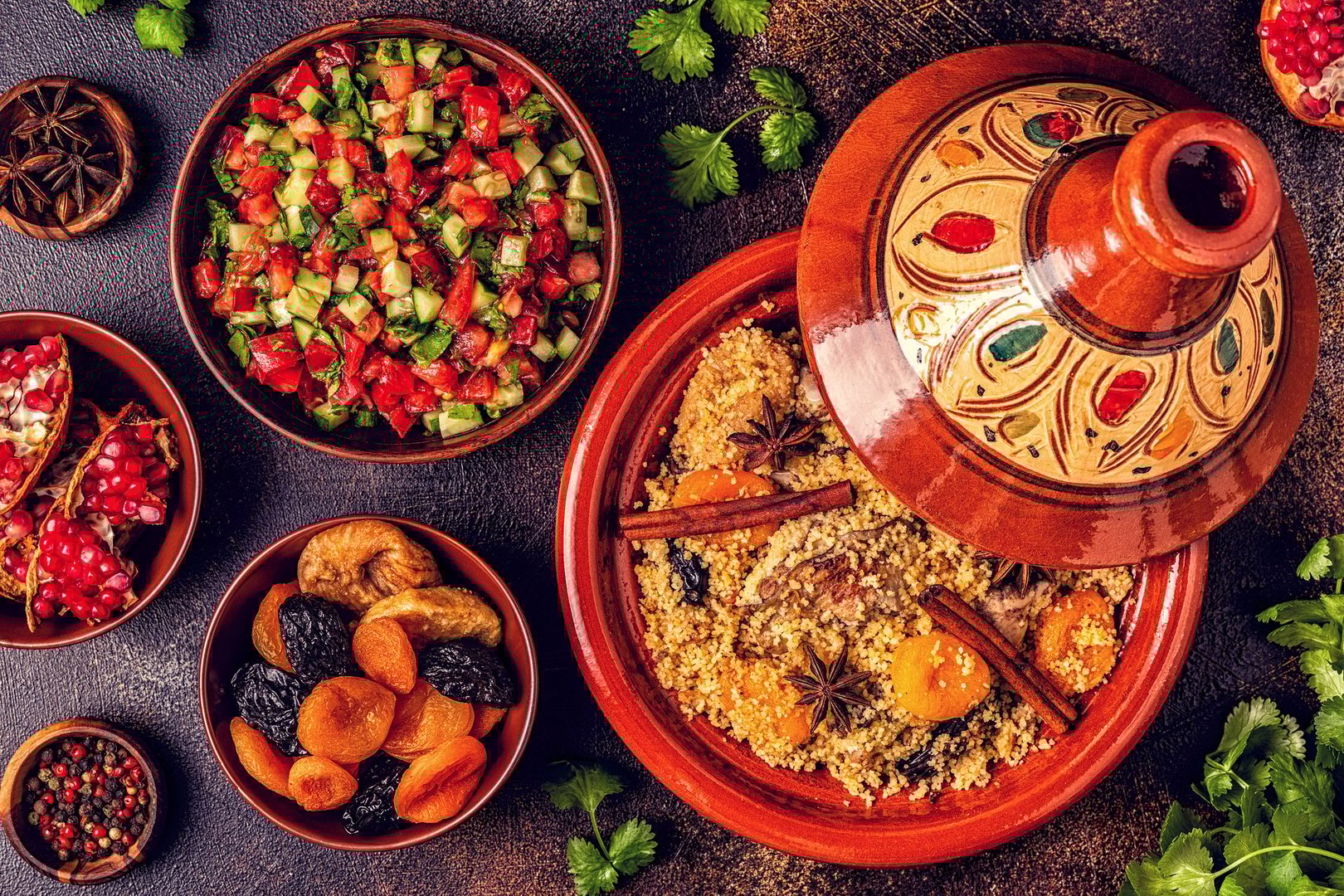 Traditional Moroccan tagine with vibrant ingredients