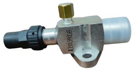 Metal valve with black and white connectors, featuring a hexagonal brass knob on top and an engraved number on the side.