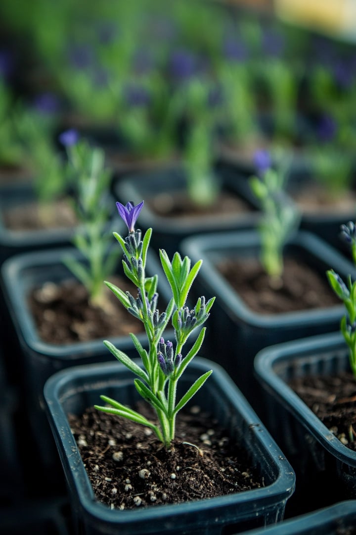 Small lavender plants growing in black plastic pots with visible soil, arranged in rows, focusing on one in the foreground.