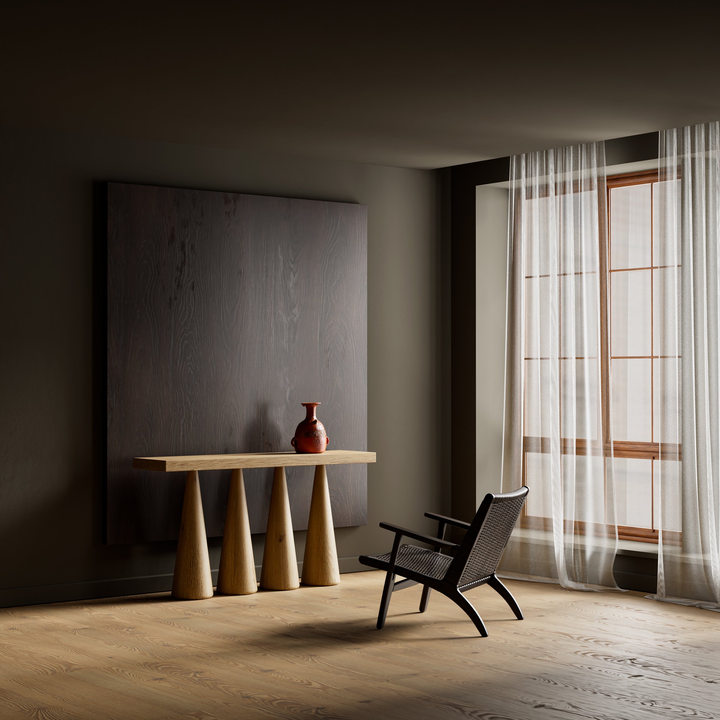 A sophisticated minimalist space with a sculptural console, ceramic accent piece and soft directional lighting enhancing the calm and curated interior mood. 3D illustration