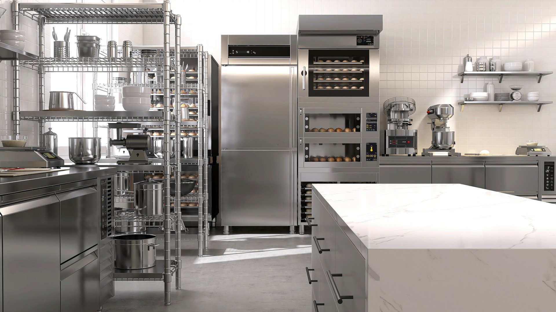 Empty clean white marble top island table in commercial, professional bakery kitchen with stainless steel convection, deck oven, freezer, refrigerator, shelf, cabinet, equipment for industrial restaurant cooking, food, drink product display background 3D