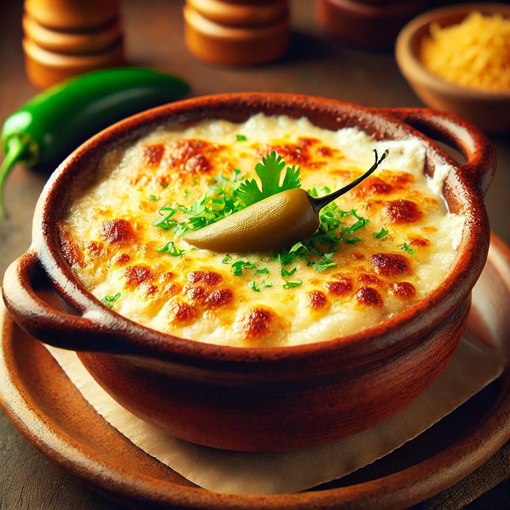 A baked dish in a clay pot topped with melted cheese, cilantro, and a jalapeño. A whole jalapeño pepper is beside the pot.