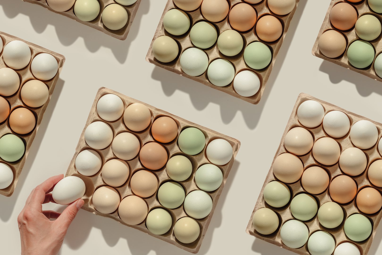 Easter Eggs in carton box at natural daylight, minimal style composition with white beige green colored Chicken egg with soft pastel eggshells, aesthetic holiday repeat pattern, organic dyed eggs