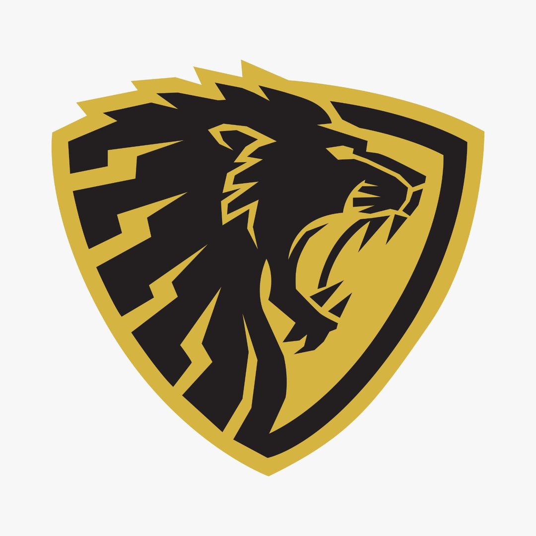 A stylized black lion head in profile inside a yellow shield with jagged edges on a white background.