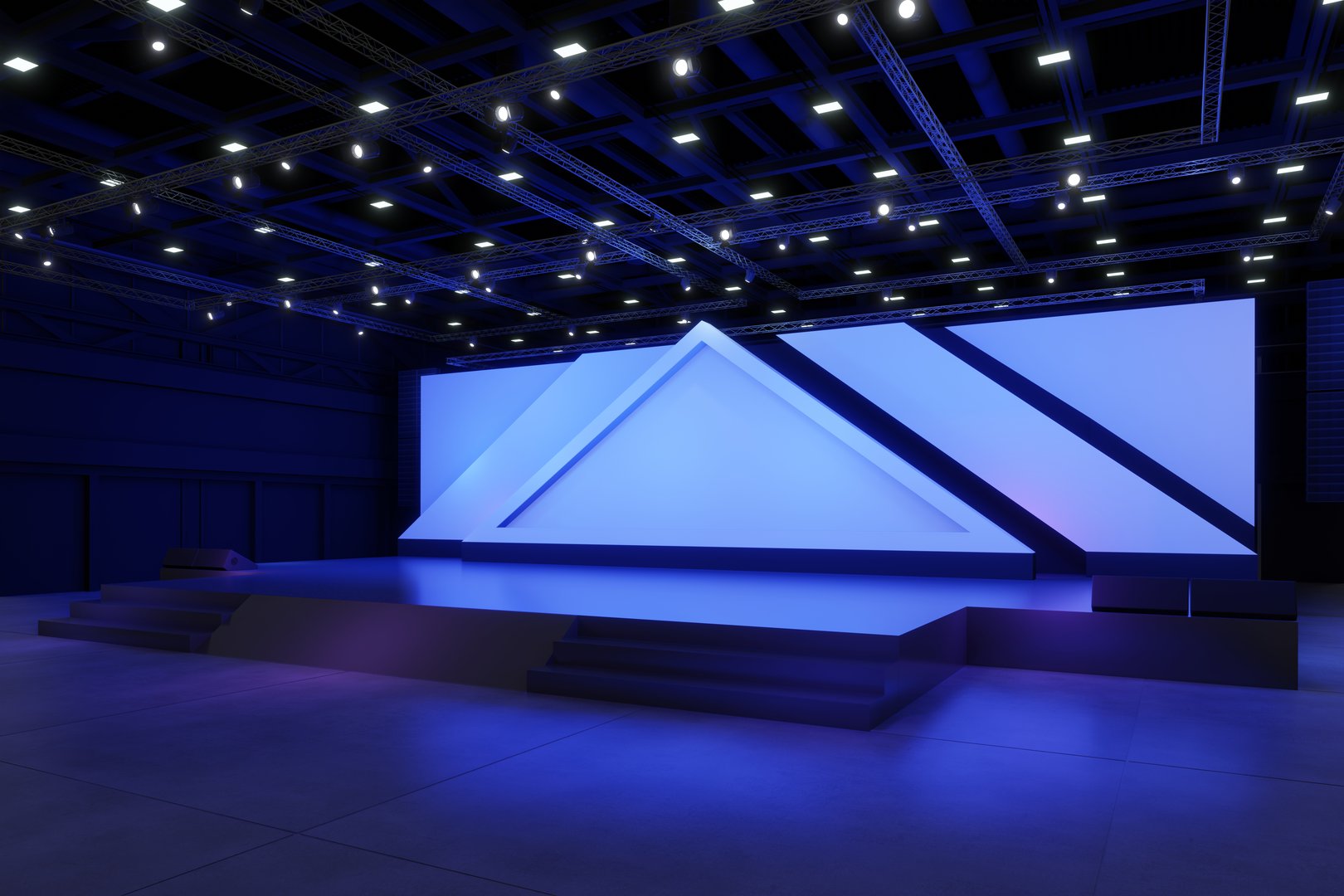 Empty stage Design for mockup and Corporate identity,Display.Platform elements in hall.Blank screen system for Graphic Resources.Scene event led night light staging.3d Background for onlineEvent,conference,live.3 render.
