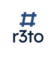 Logo featuring a stylized blue hashtag above the text 'r3to' on a white background.