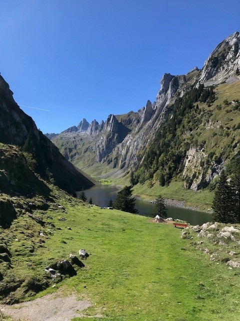 Scenic view of a grassy valley with a small lake, surrounded by steep rocky mountains and a clear blue sky.