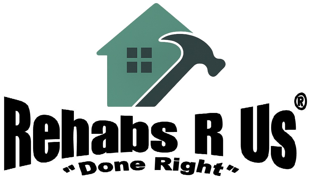 Logo with a house graphic, hammer, and text Rehabs R Us Done Right. Emphasizes home renovation services.