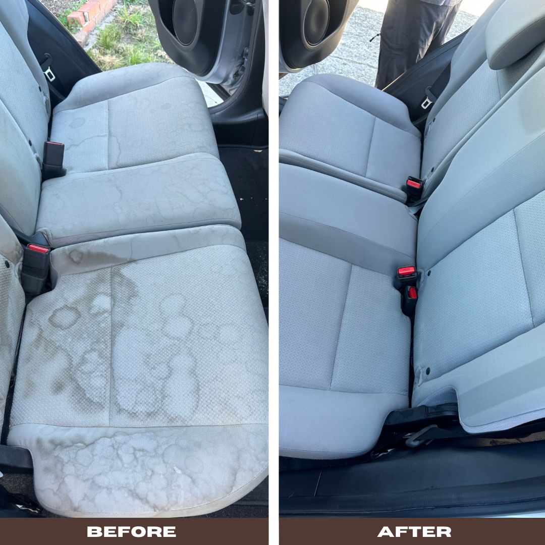Before and after interior detailing showing restored seats and surfaces
