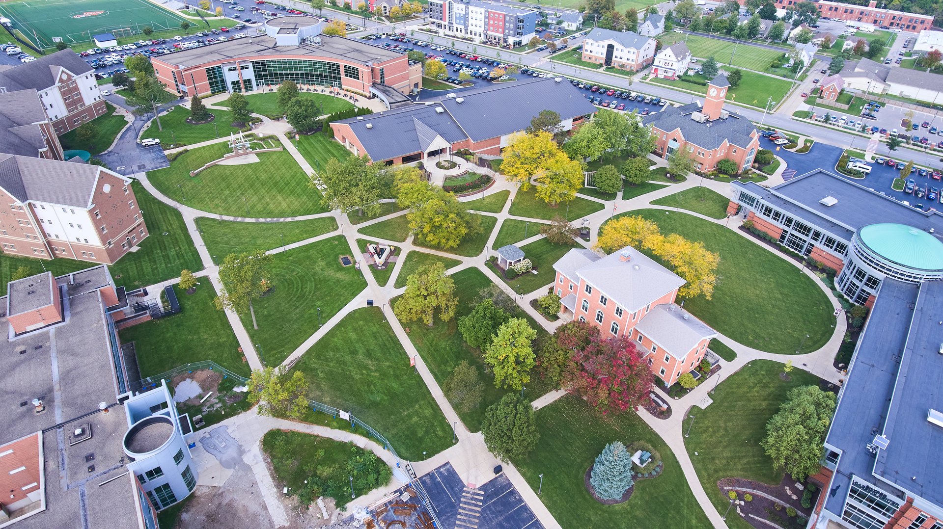 Image of Aerial of grounds of college campus in northeast Indiana