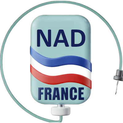 IV bag with NAD France text and French flag colors, featuring tubing and a needle.