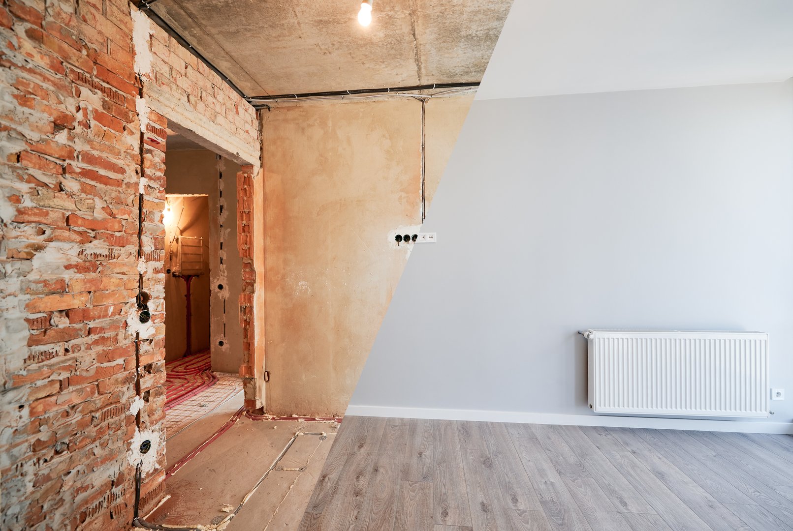 Comparison of apartment with central heating before and after restoration or refurbishment