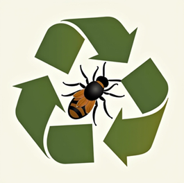 Green recycling symbol with a bee in the center on beige background