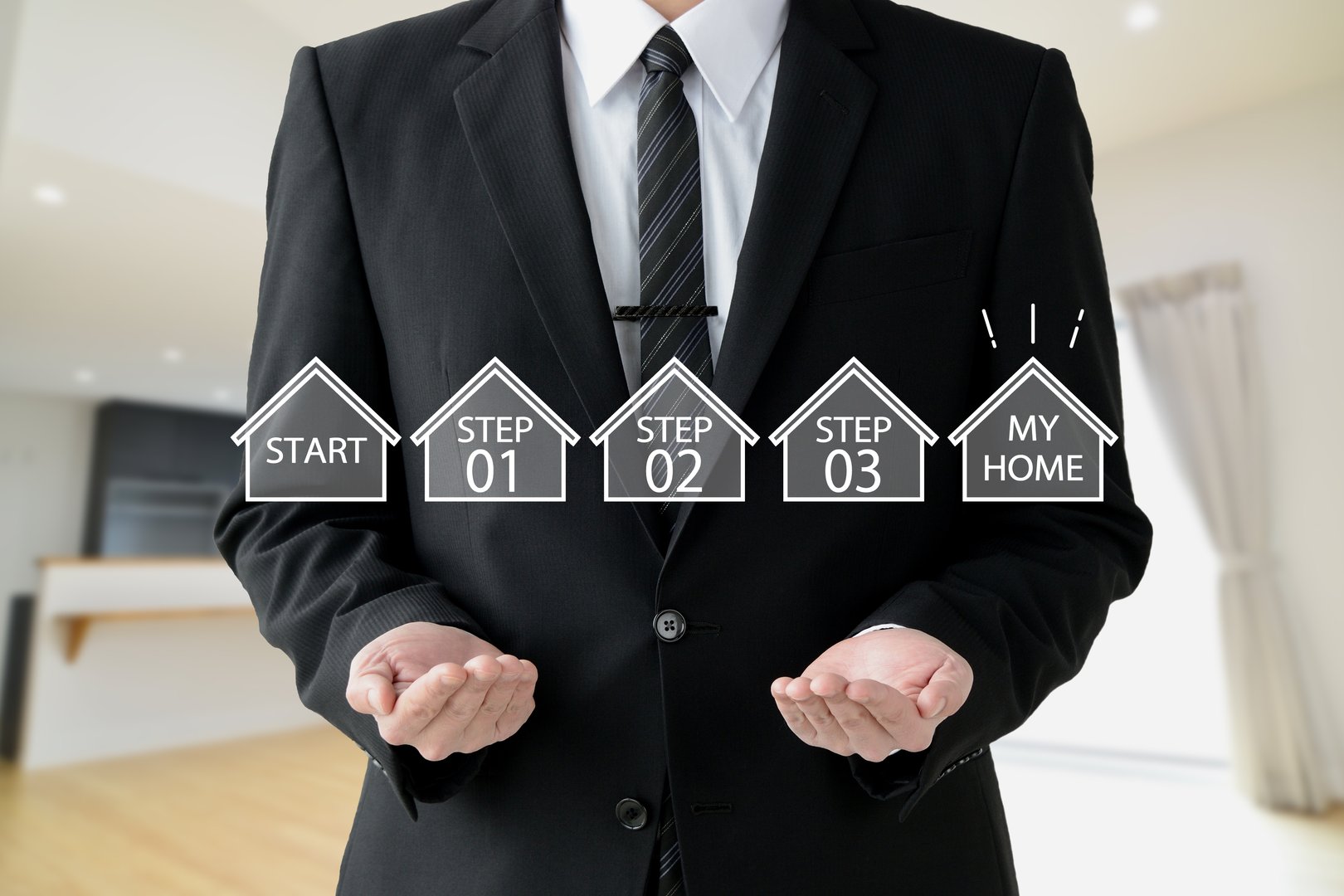 Businessman listing steps to owning new home