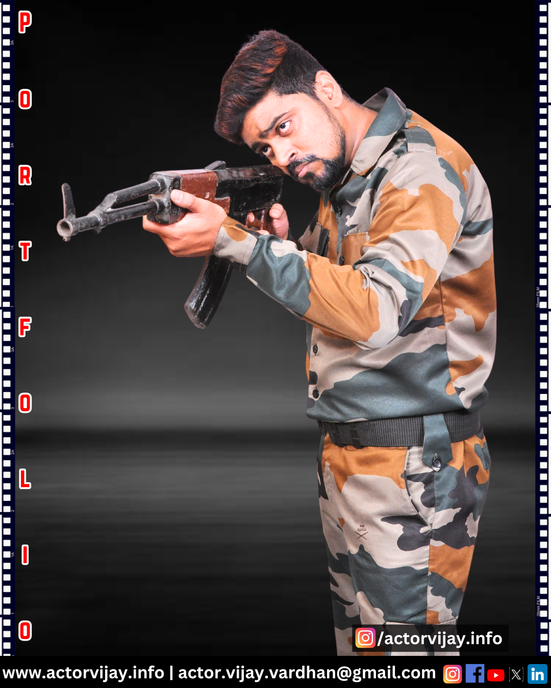Man in camouflage attire holding a rifle in a shooting stance against a gray background, with portfolio text on the side.
