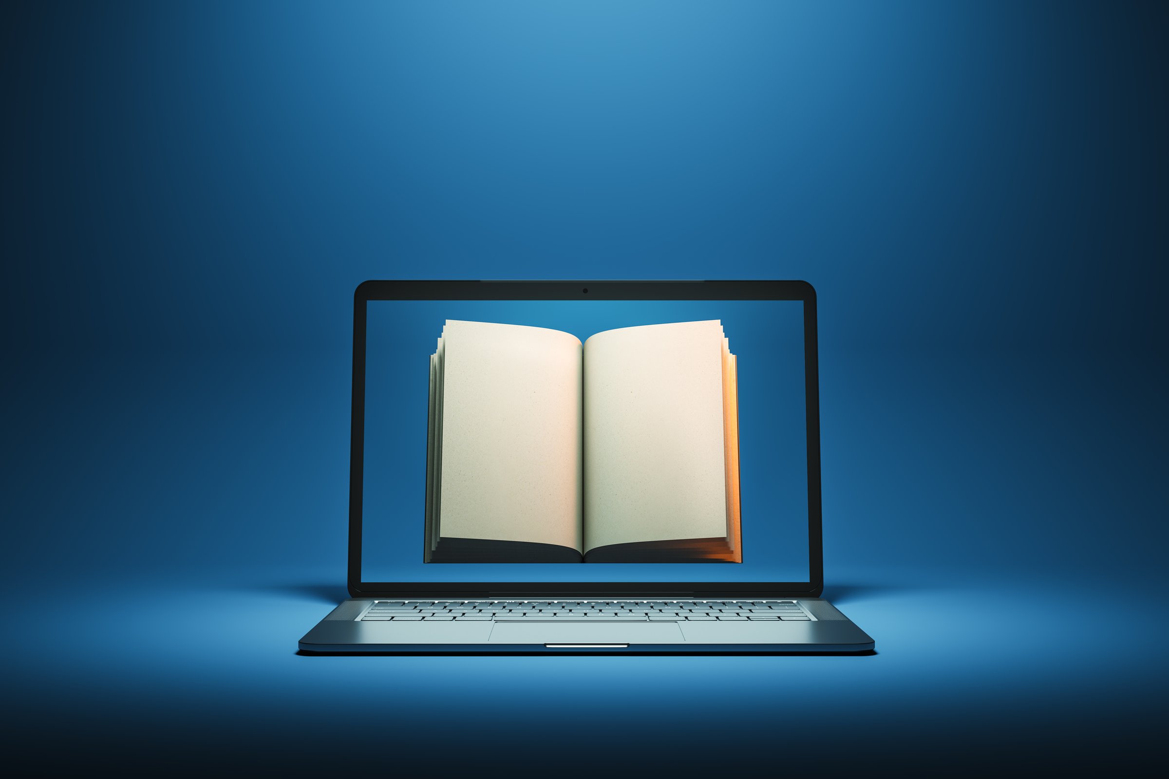 Open book coming out of a laptop screen on a blue spotlight background. Concept of digital education, e-learning, and online reading. 3D Rendering