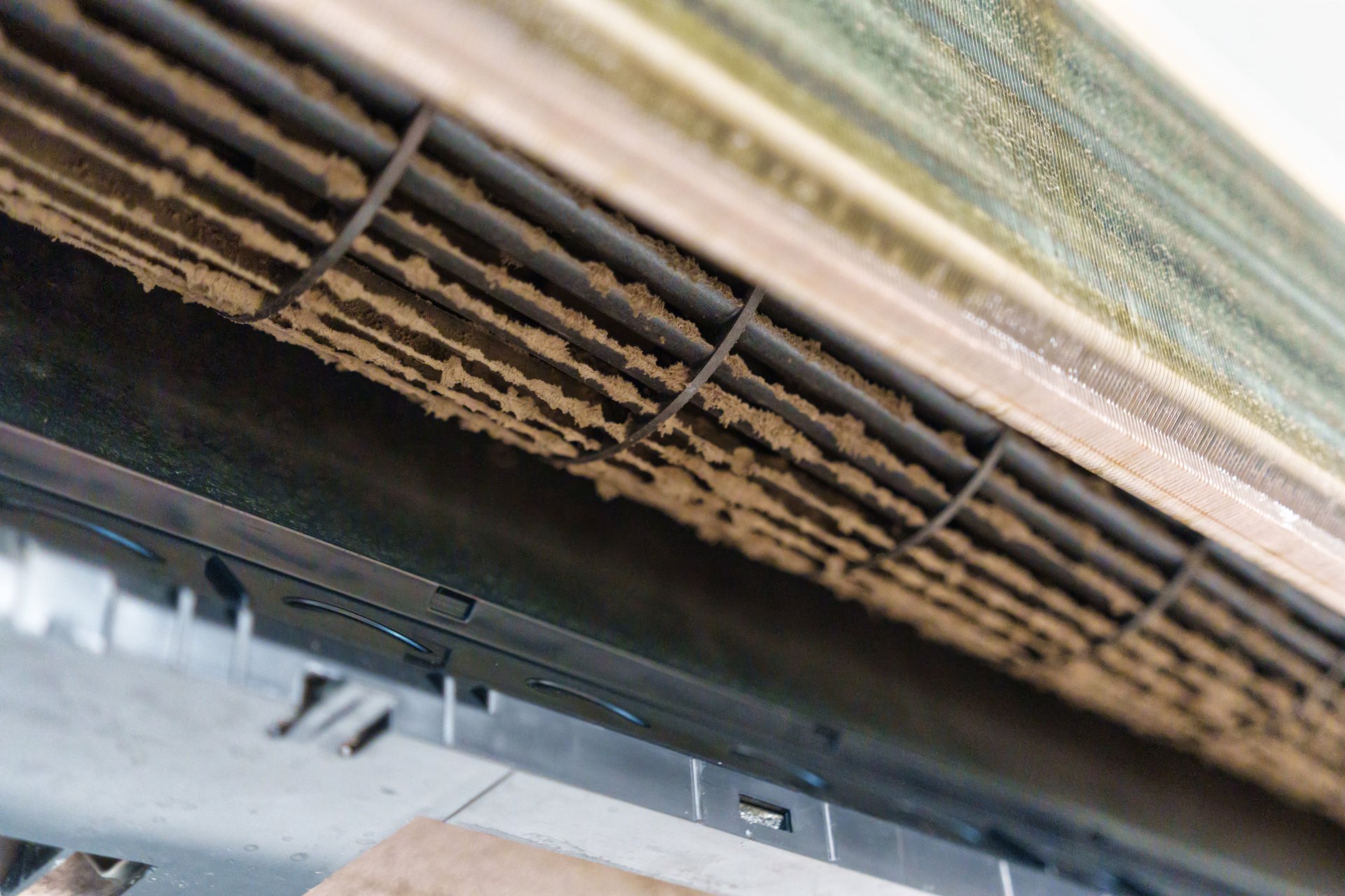 Cleaning service with remove dirty air conditioner with dust covered fan blades and coils. Maintenance improve air quality and cooling efficiency