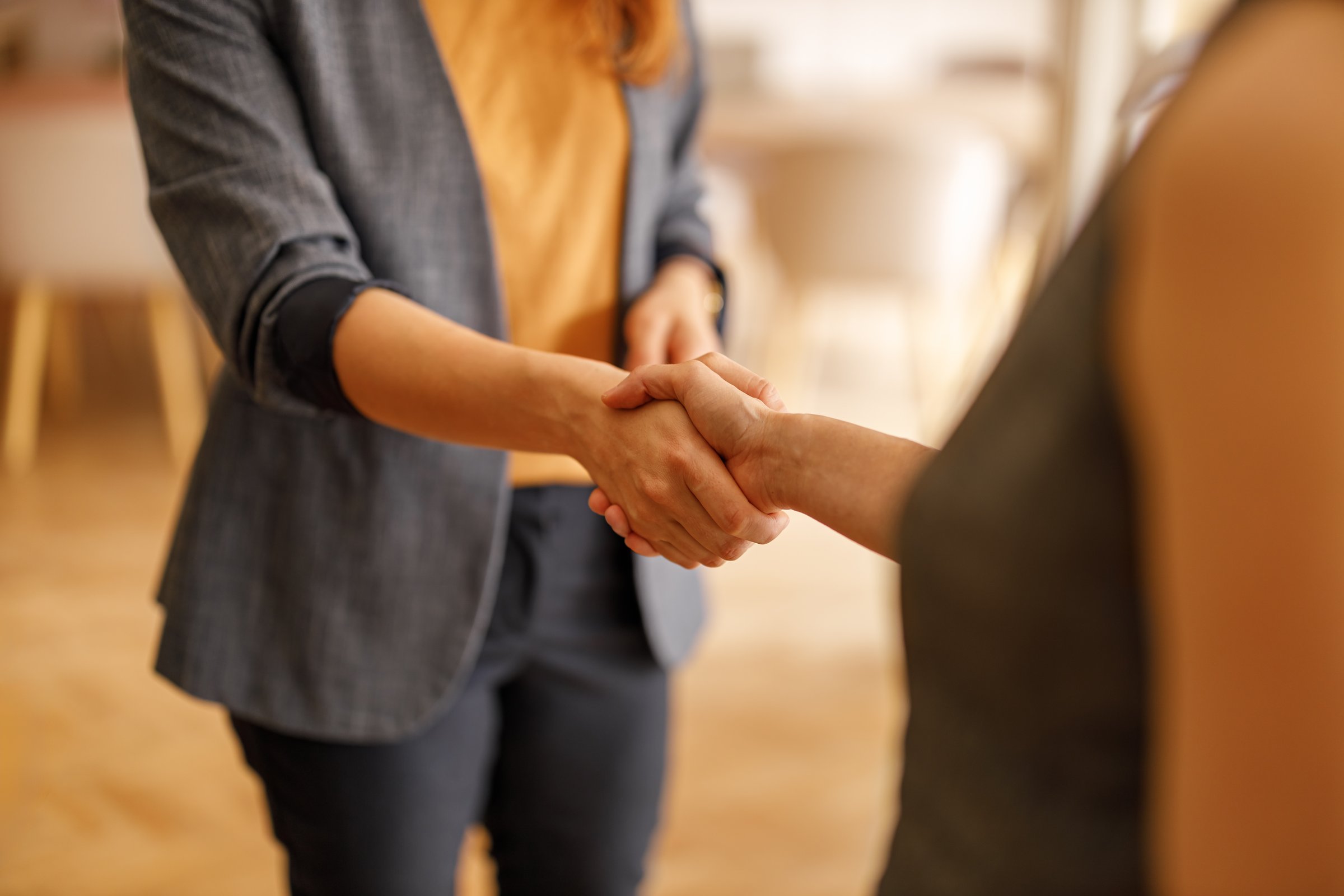 Midsection of female professional shaking hands and welcoming businesswoman in office during business meeting