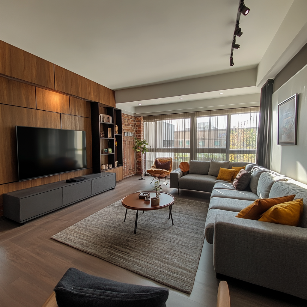 Modern living room with a large TV, grey sectional sofa, wooden accents, and a coffee table on a textured rug.