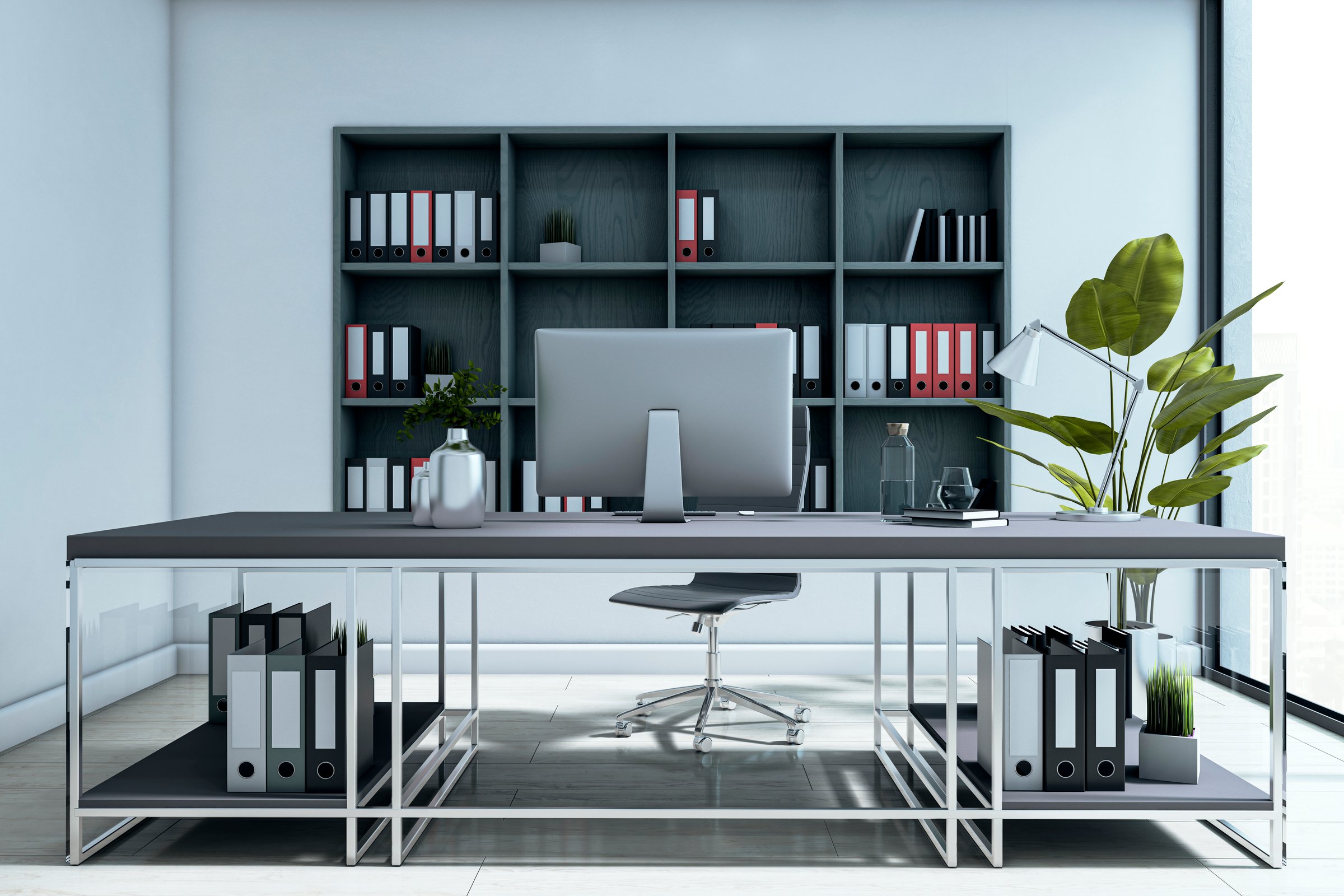 Contemporary executive office with sleek desk, indoor plants, and shelving filled with folders, on a bright modern interior background. 3D Rendering