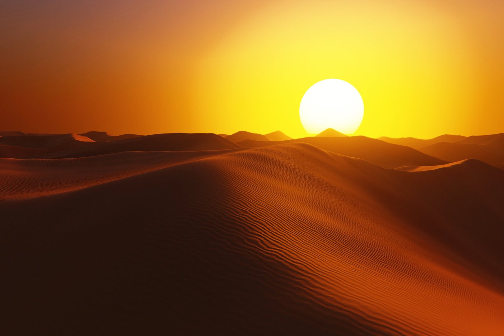 Warm orange and yellow tones dominate this beautiful desert scene. The soft curves of the sand dunes create a sense of movement and tranquility under the intense evening sun.