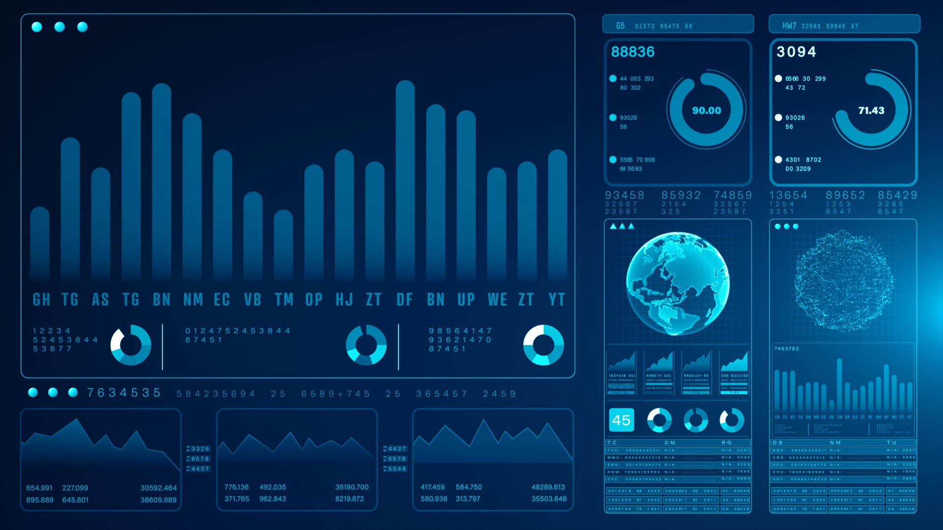 Futuristic digital dashboard interface with data charts, graphs, and a global map, Infographic business and financial investment, and Data analytics abstract background, 3d rendering