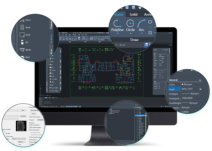 A computer monitor displaying a CAD software interface with detailed design tools and elements highlighted in magnifying circles.