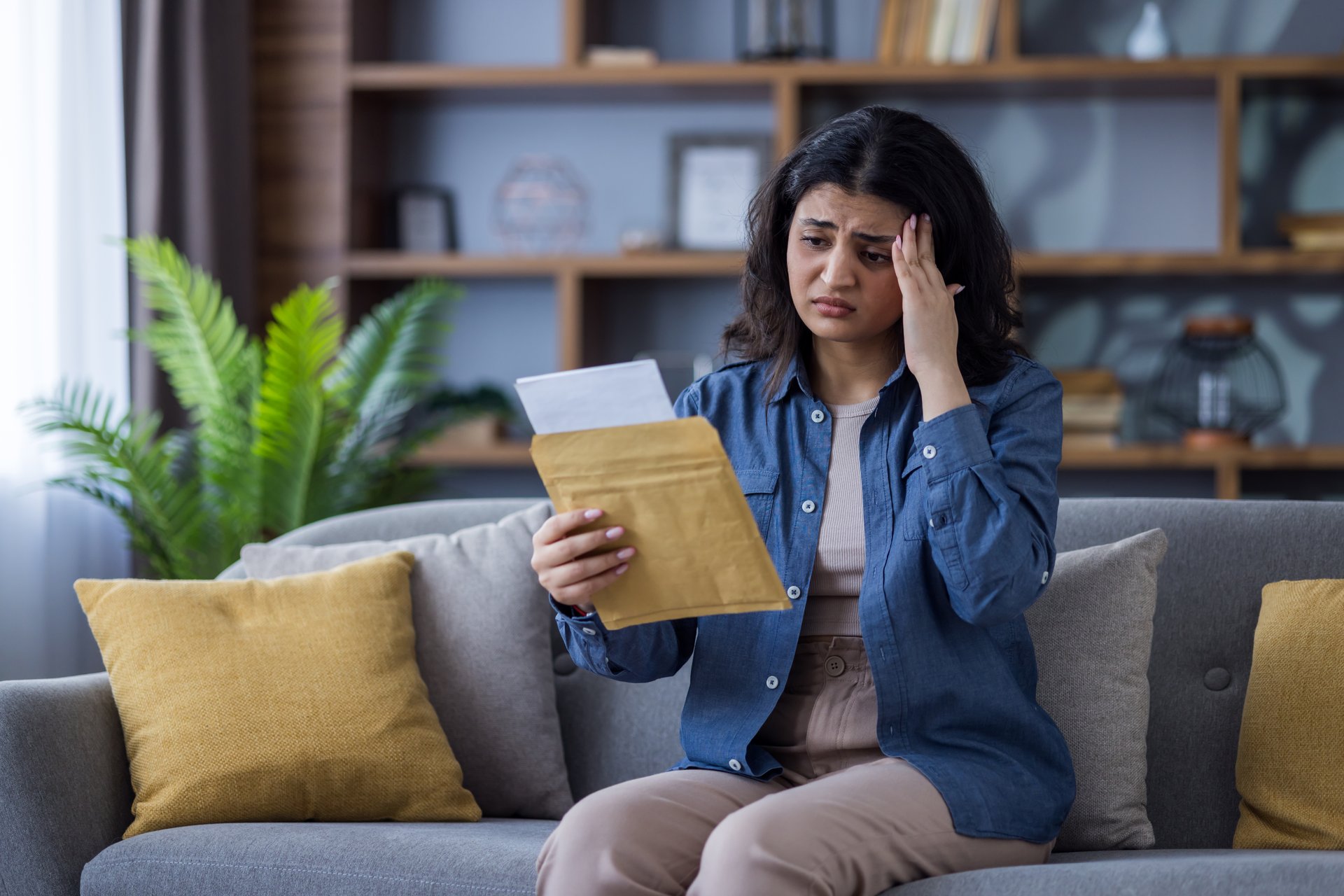 A young upset Muslim woman is sitting on the couch at home, reading a letter she received in an envelope and anxiously holding her head with her hand.