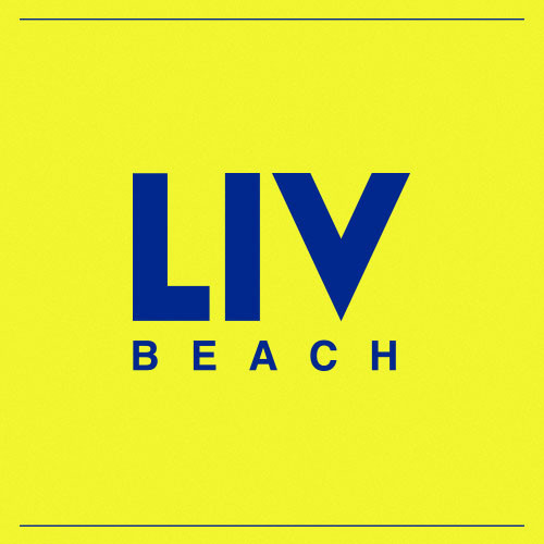 Bold blue text LIV BEACH centered on a bright yellow background with a thin blue border.