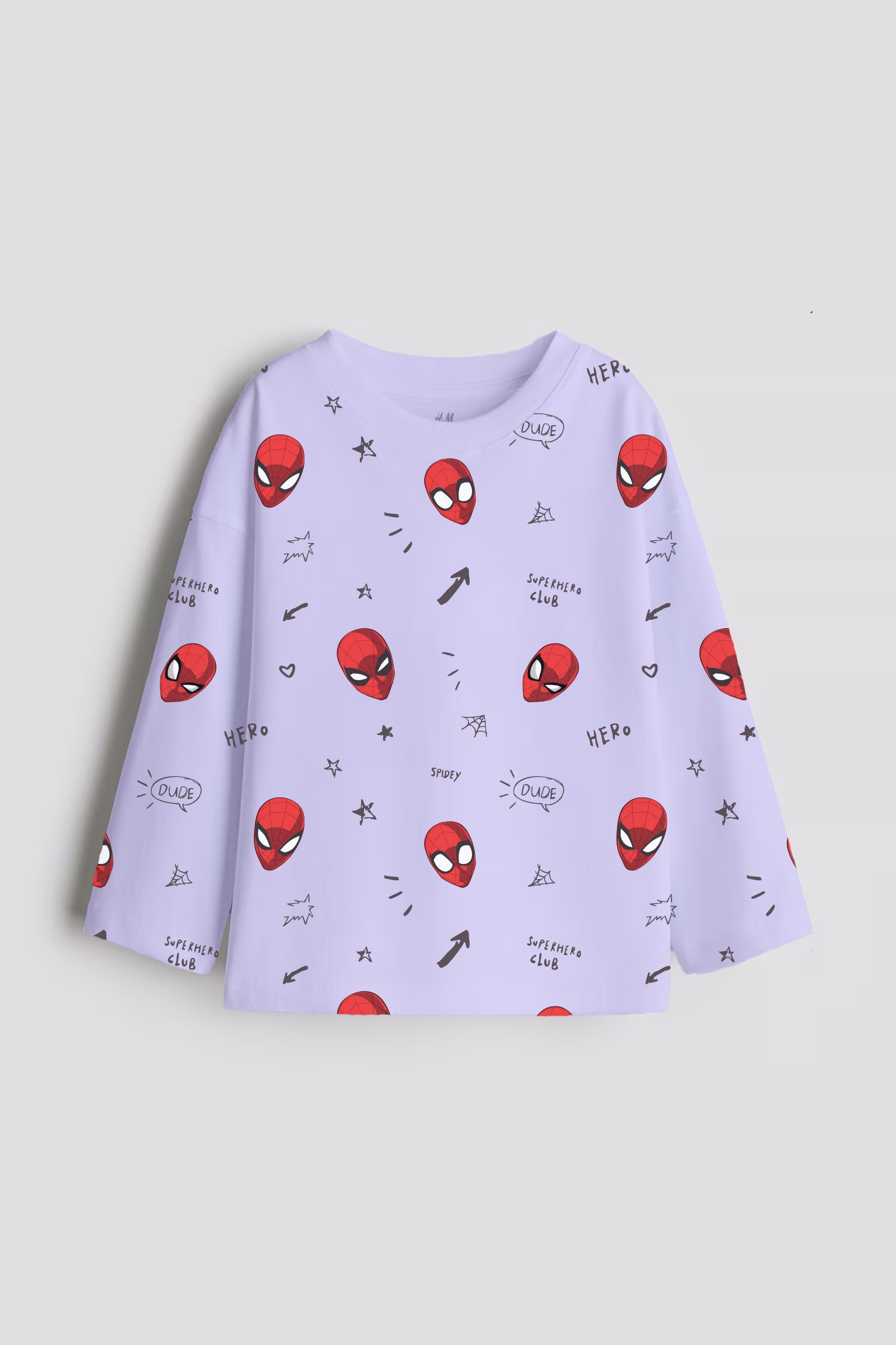 Purple kids' sweatshirt with red superhero mask print, doodles, and words like "Hero" and "Spider Club."