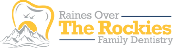 Logo of a dental clinic with a tooth and mountains, text reads "Raines Over The Rockies Family Dentistry."
