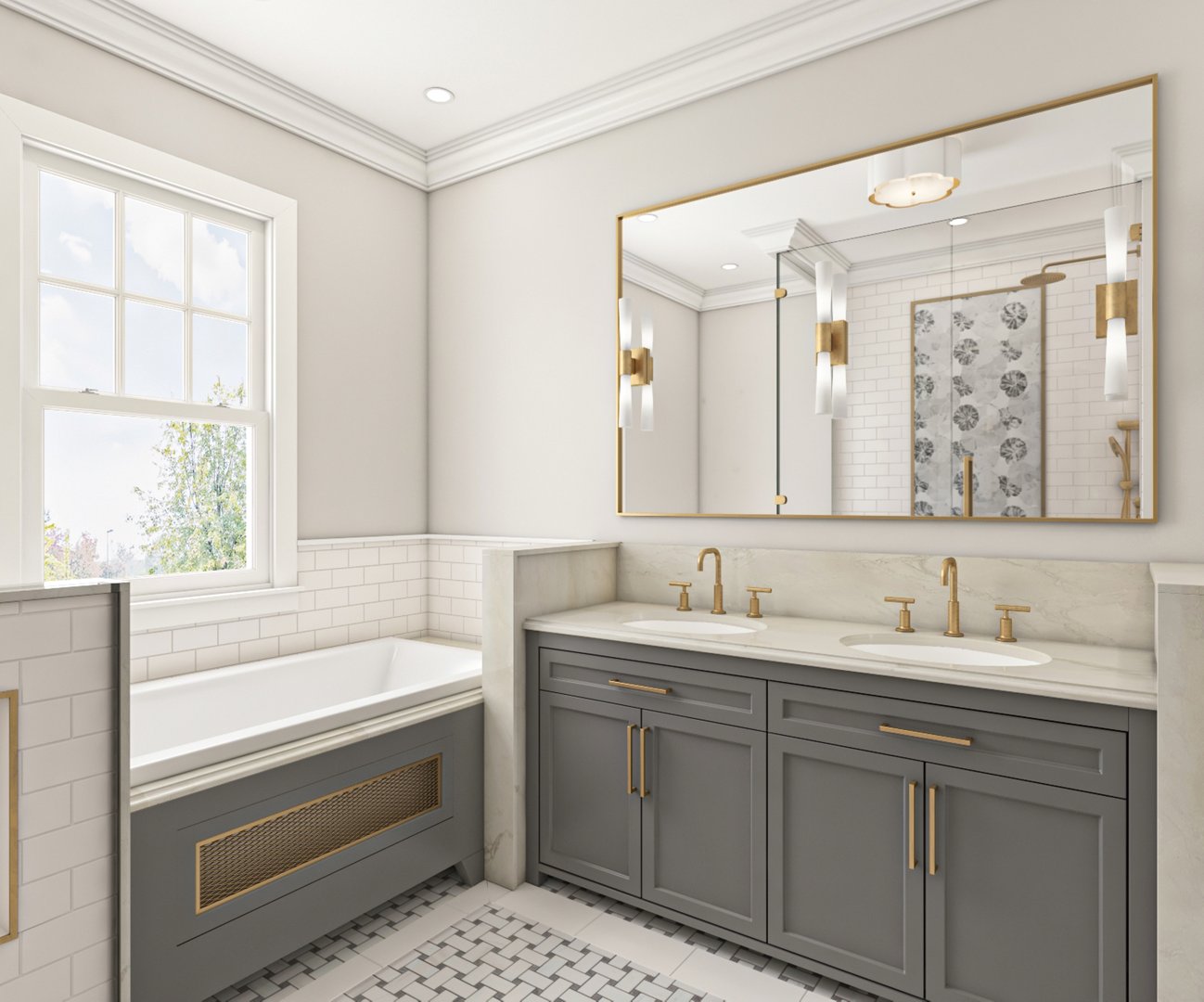Elegant modern bathroom featuring gray cabinetry, gold fixtures, marble countertops, a spacious bathtub, and a large mirror with beautiful lighting for a bright and luxurious finish.