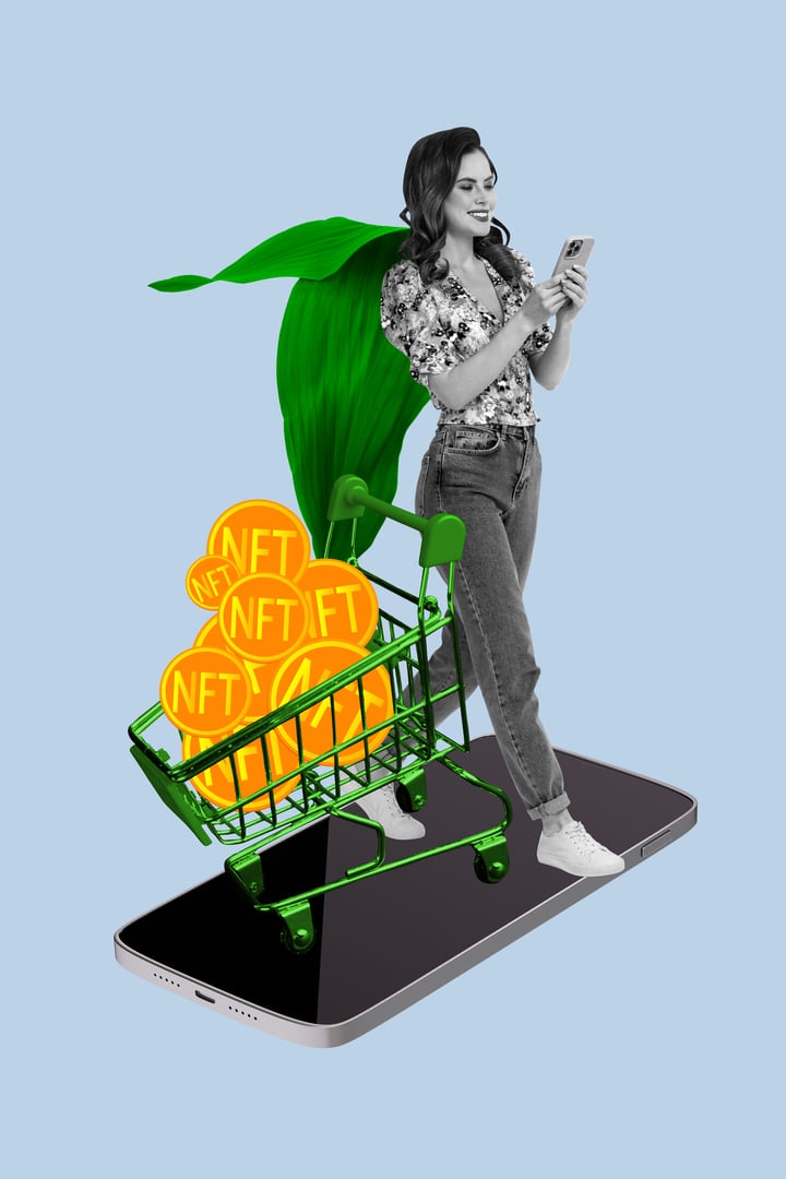 Vertical photo collage picture walking young girl smartphone shopping cart market consumer bitcoin trader rich earnings profit.