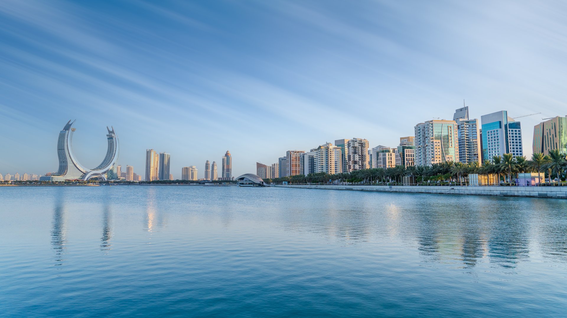 Lusail, Qatar- September, 10,2024: the newly developed lusail city with winter wonderland and crescent tower in the background.