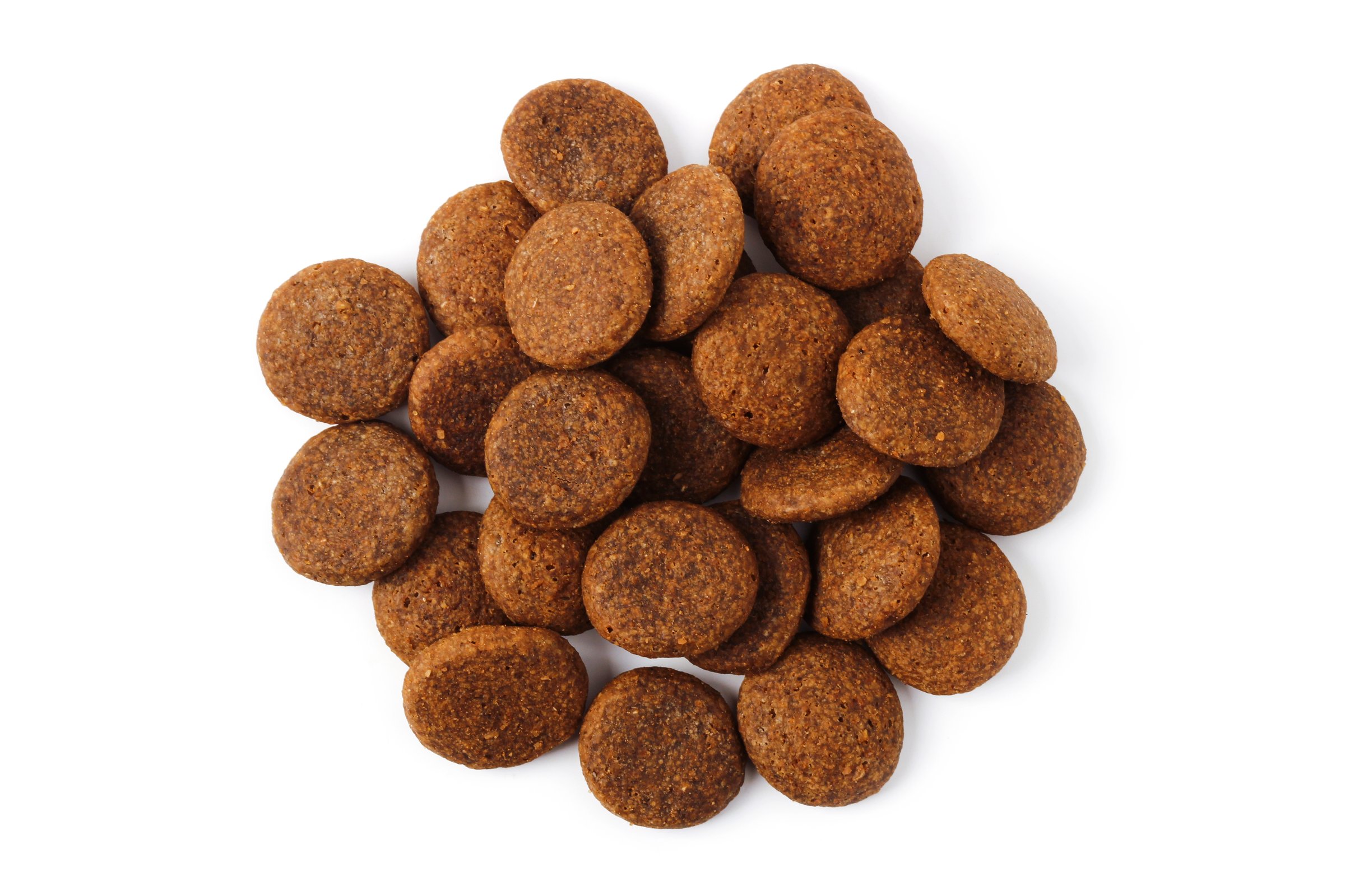 Dry dog ââfood in a pile isolated on white background. Top view