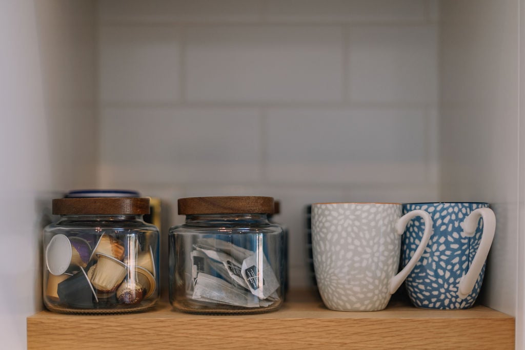 Coffee cups and tea selection at Woodlands Cottage