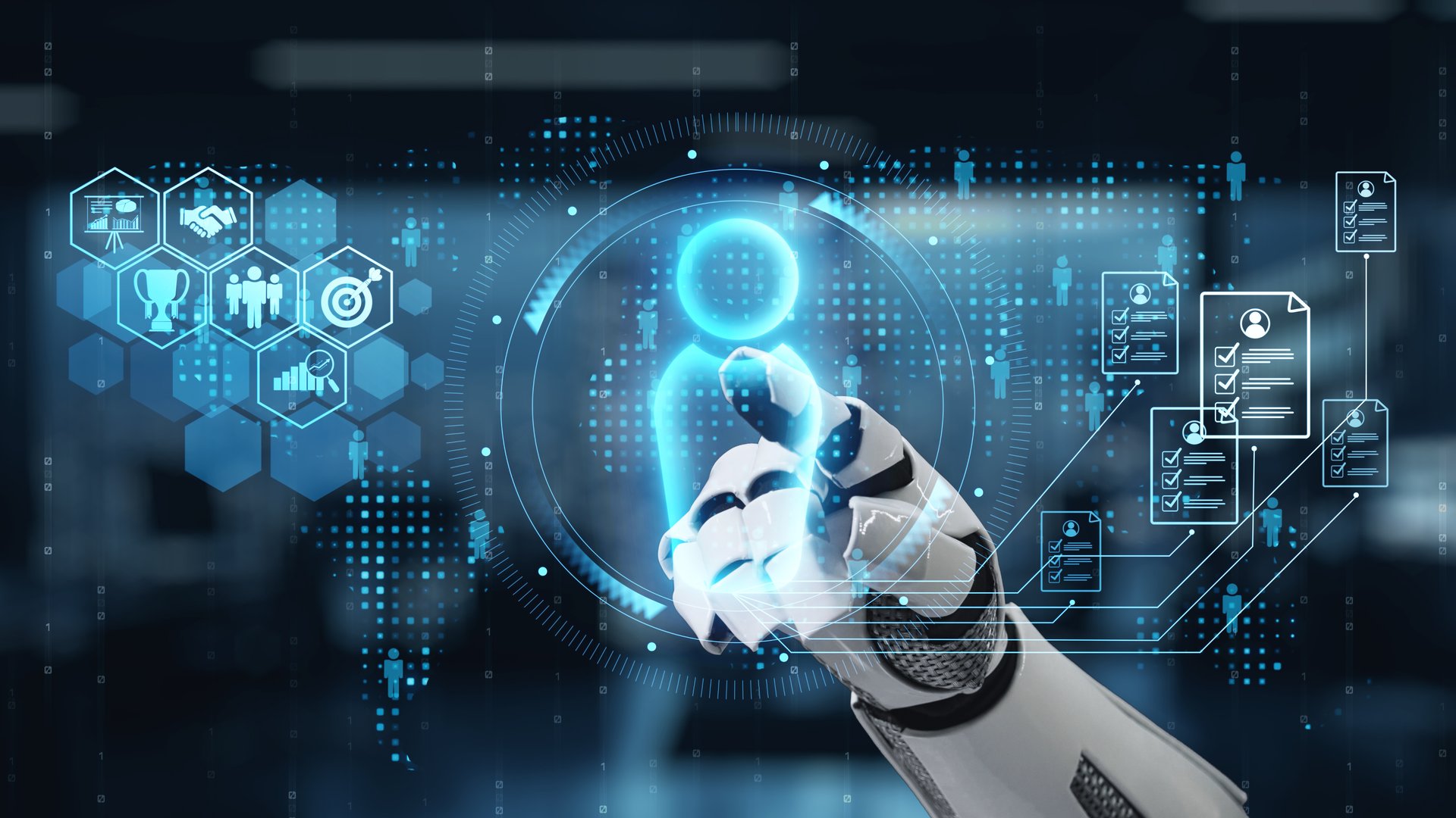 A robotic hand reaches out to interact with a holographic interface, exemplifying technology impact on modern workspaces and the future of user engagement. Auvana