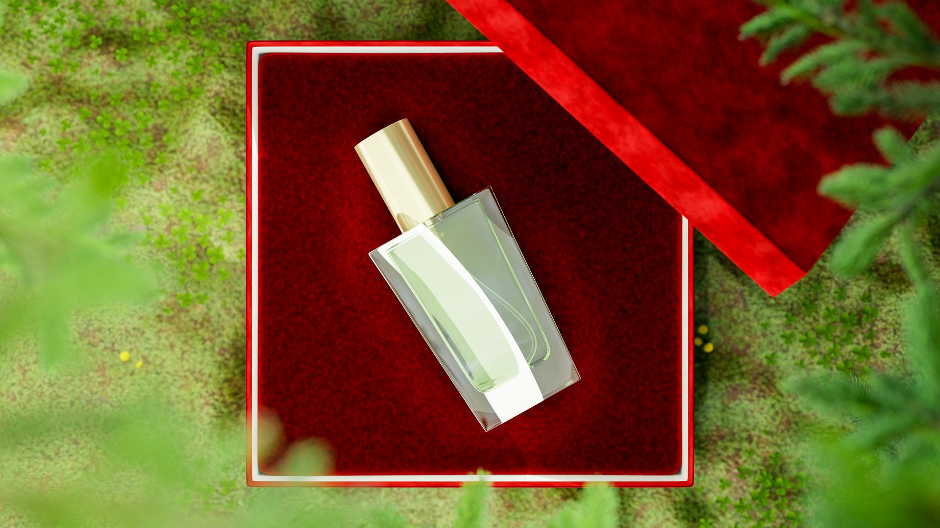 Luxury glass bottle beauty spray perfume in red velvet gift box present on grass under green leaves. Advertising Mockup, 3D Rendering, 3D Illustration.