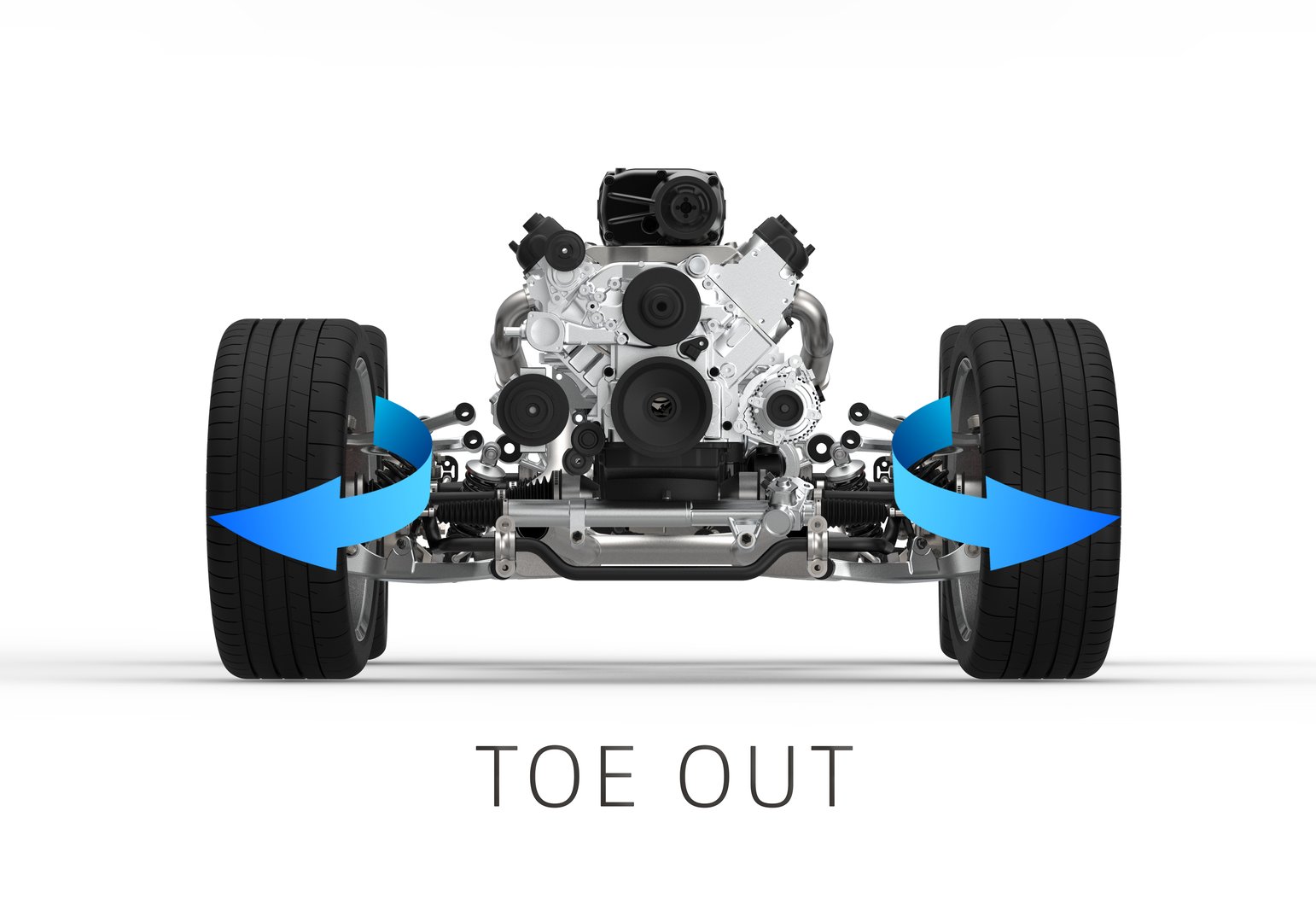 Front view of a car drivetrain chassis with front wheels alignment. Toe wheels alignment.
