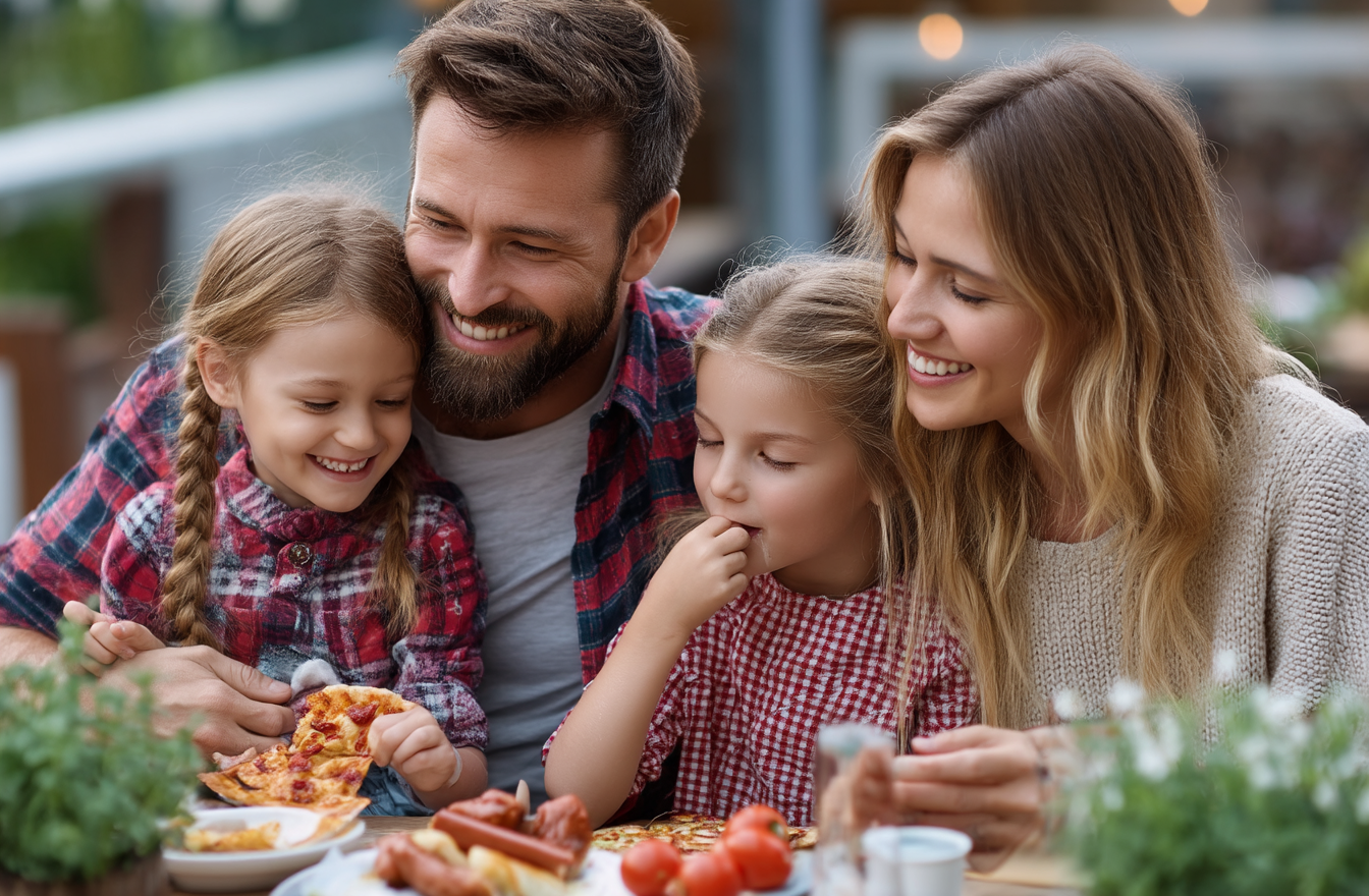 A happy family enjoying a meal outdoors, with two young children and parents seated at a table, smiling and eating pizza.