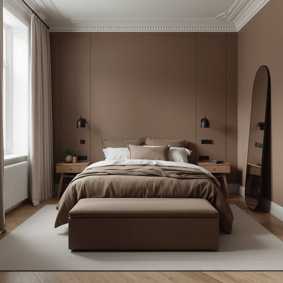 Liten skandinavisk soverom omtrent 8 m² med seng plassert mot vegg