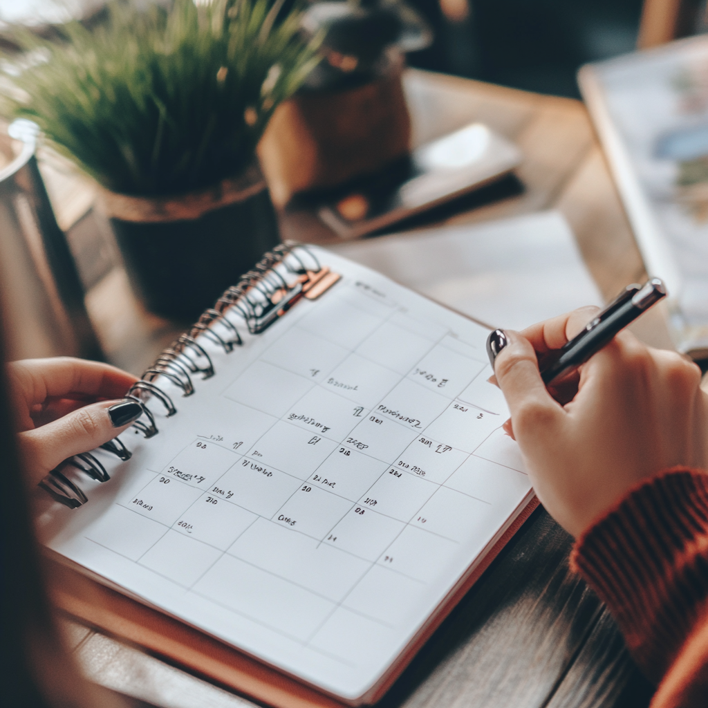 Person writing in a spiral-bound planner with a potted plant on a wooden table.