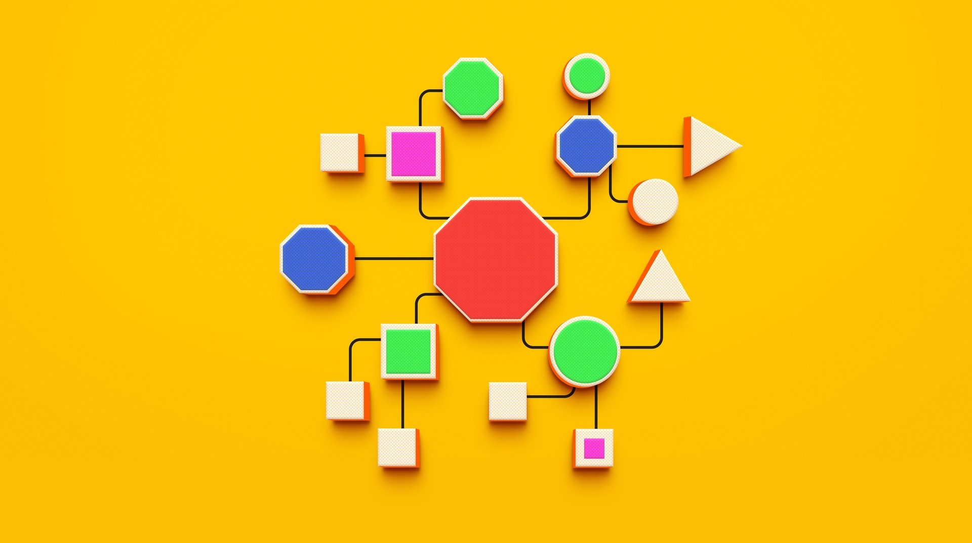 This 3D render illustrates a system of workflow diagrams, processes, and procedures interconnected by lines on a yellow background. Geometric shapes are linked together, symbolizing the structured and organized flow of operations. The lines emphasize the connections and relationships between different steps, reflecting a cohesive and efficient system. This visual is ideal for concepts related to business management, process improvement, and operational efficiency.