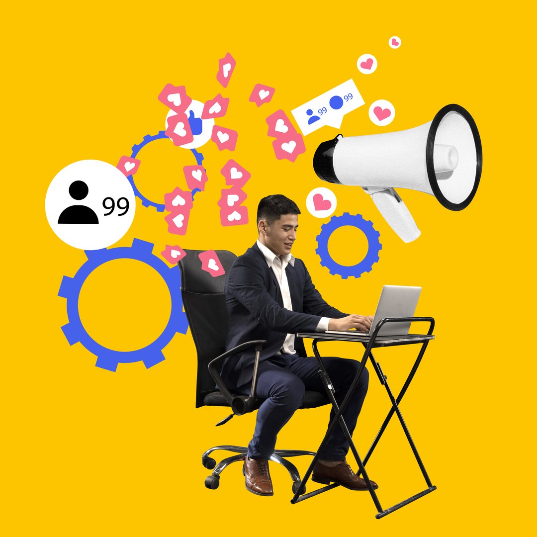 Young man working on laptop on efficient strategy to attract new followers on social media, developing plan for brand promotion. Contemporary art. Digital marketing, online services, business concept