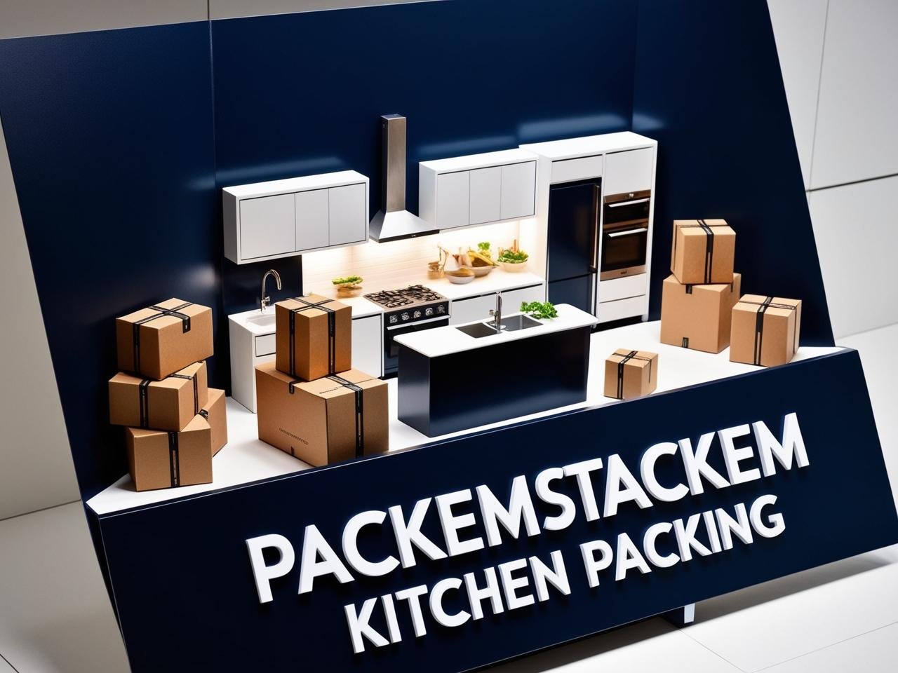 PackEmStackEm Kitchen Packing sign with dark blue background, packing boxes, and mini kitchen