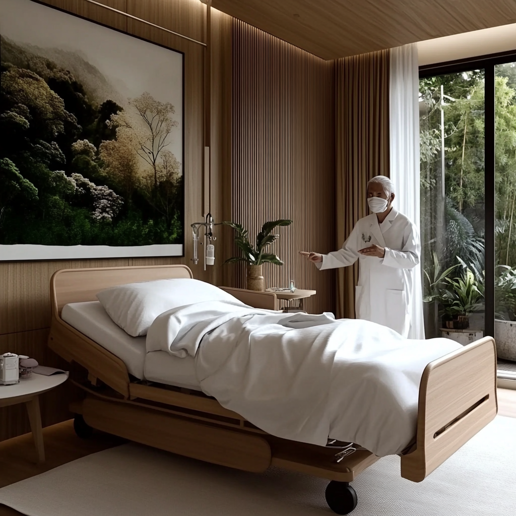 A nurse in a mask stands next to an empty hospital bed in a room with wooden decor and a large landscape painting.