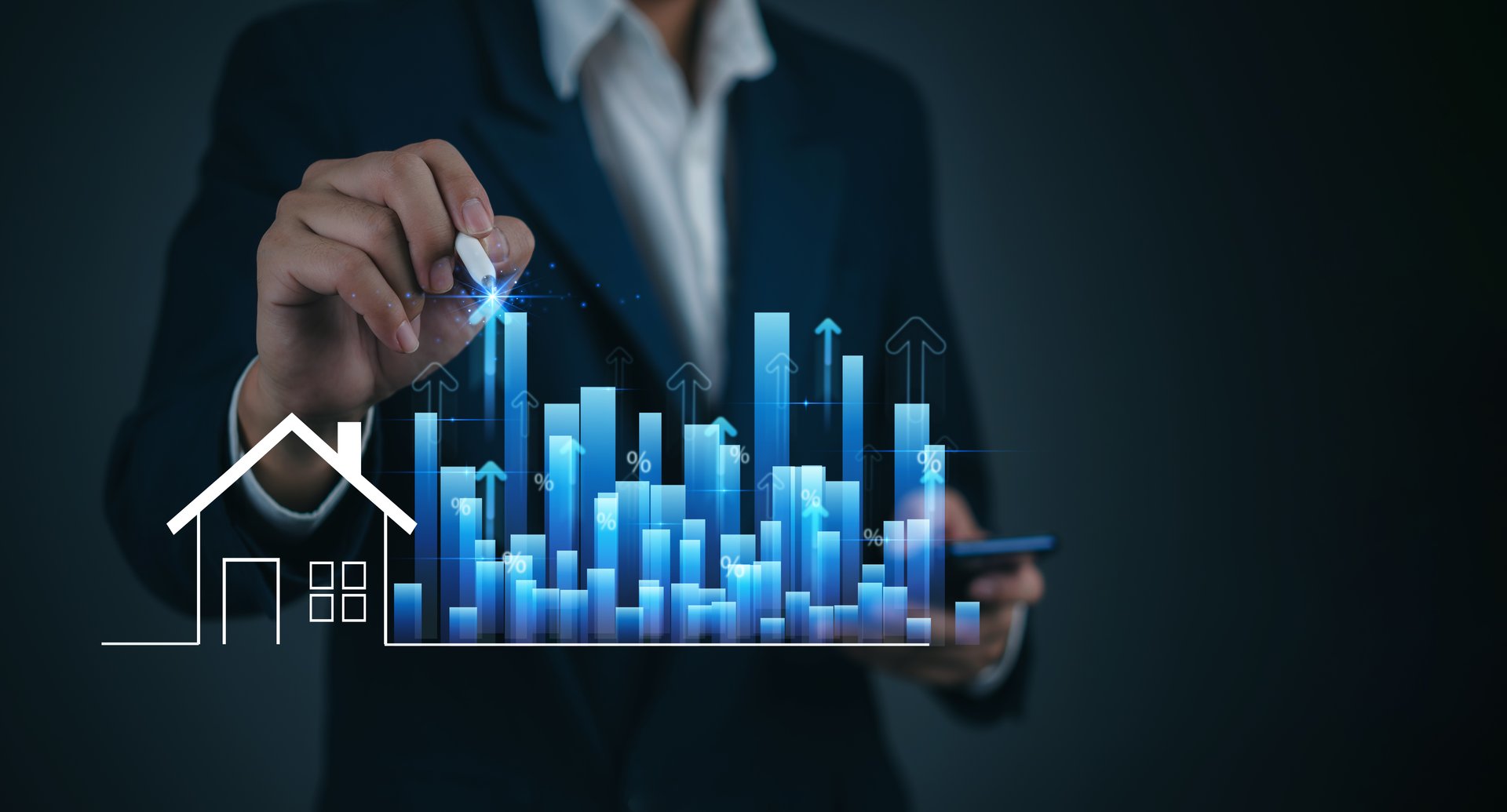 Real estate market analysis showing property value trends and investment growth. Businessman planning housing investment using digital technology and data finance market, and property value increase.