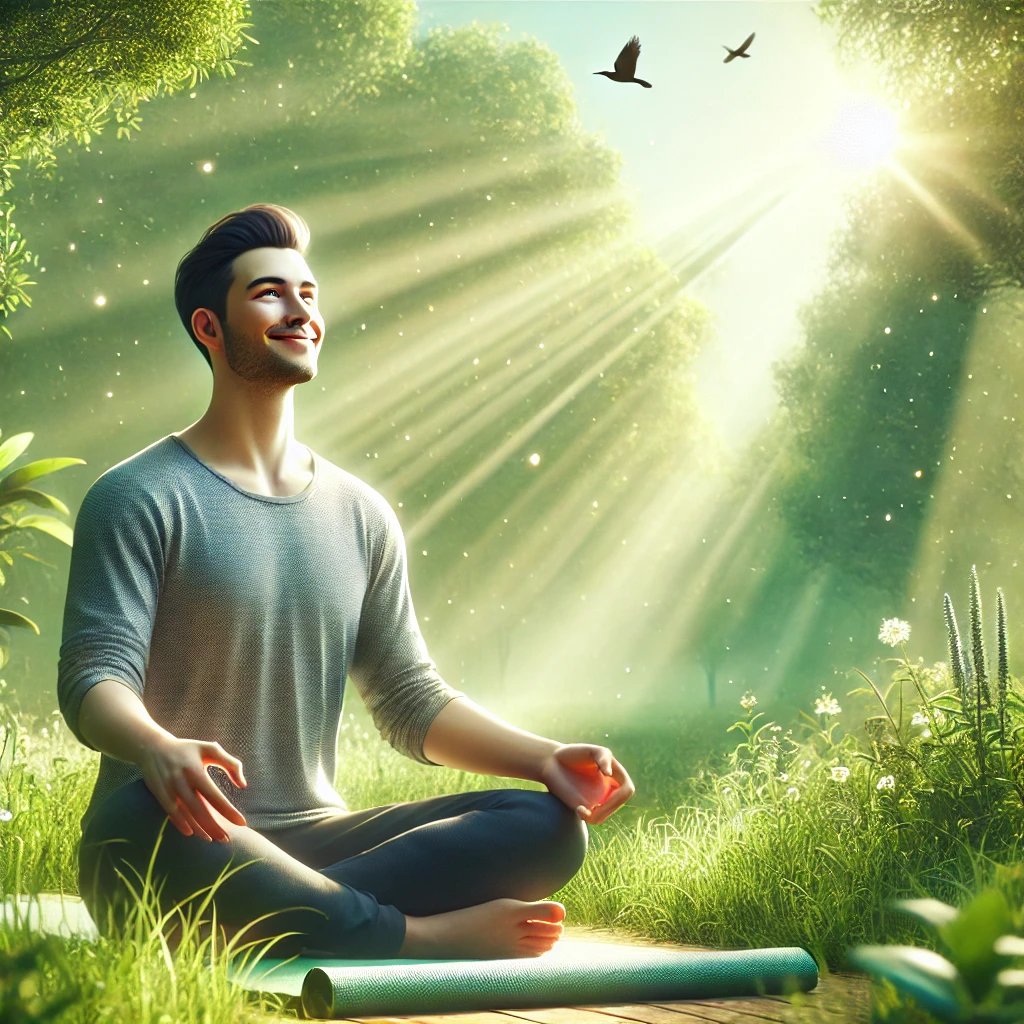 Smiling man meditates in a sunlit forest, sitting cross-legged on a mat. Sun rays and birds enhance the peaceful scene.