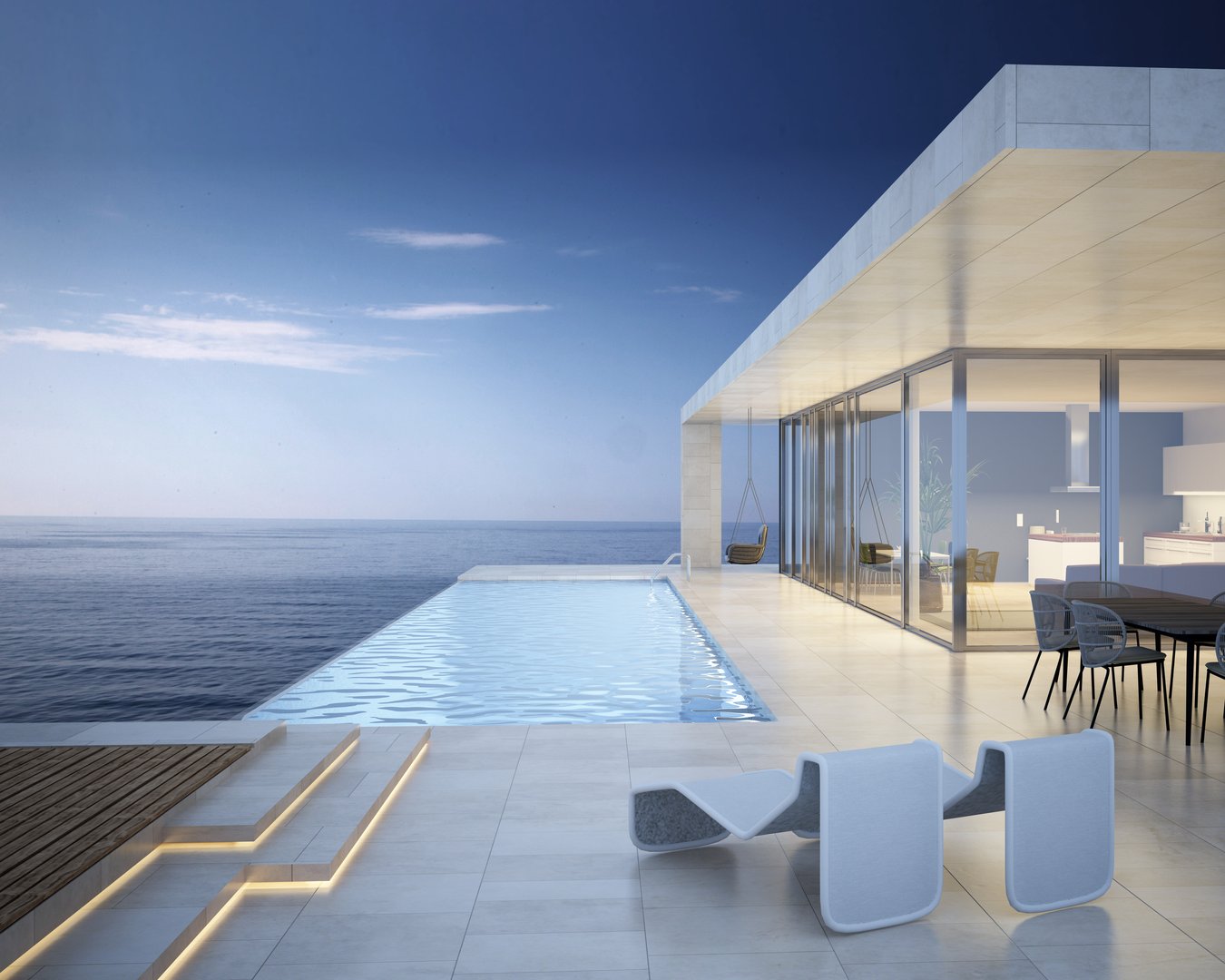 3d rendering of a modern villa with infinity pool and sea view in the evening